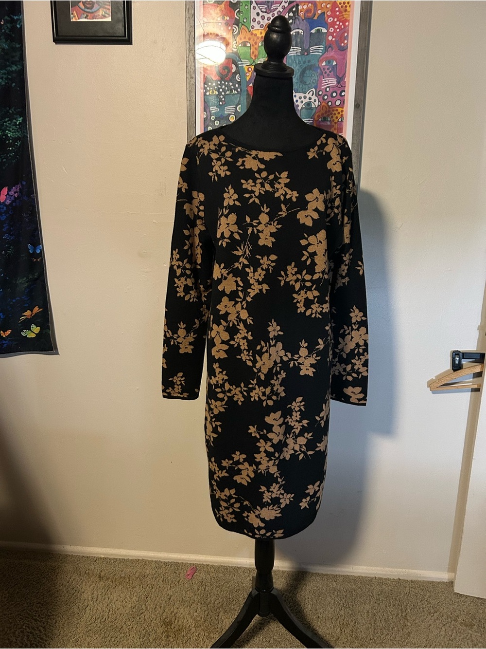 J. Jill Black Dress with Tan Floral Print - Long Sleeve Sheath